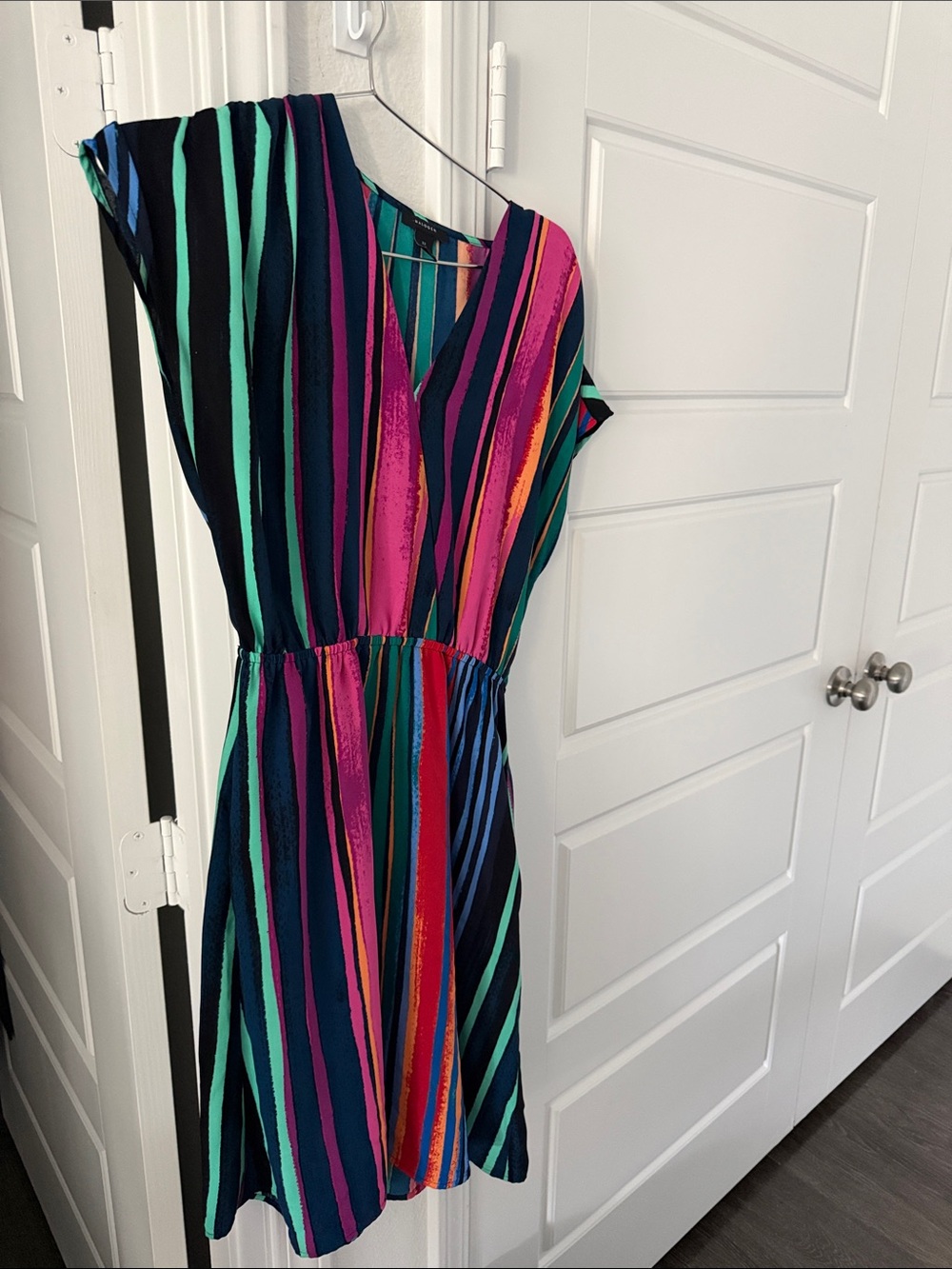 Like New! Colorful Striped V-Neck Dress with Navy Pink Mint and Orange
